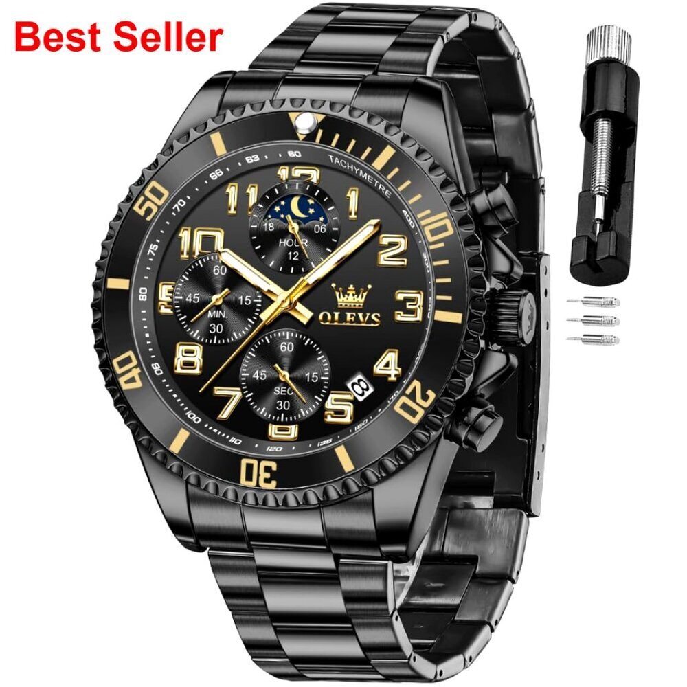 Two Tone Stainless Steel Chronograph Moon Phase Waterproof Luminous Dress Watch